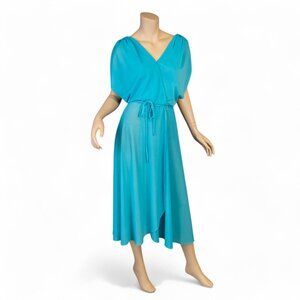 VINTAGE 70s Turquoise Fit & Flare Dress w/Rhinestone Details * Small